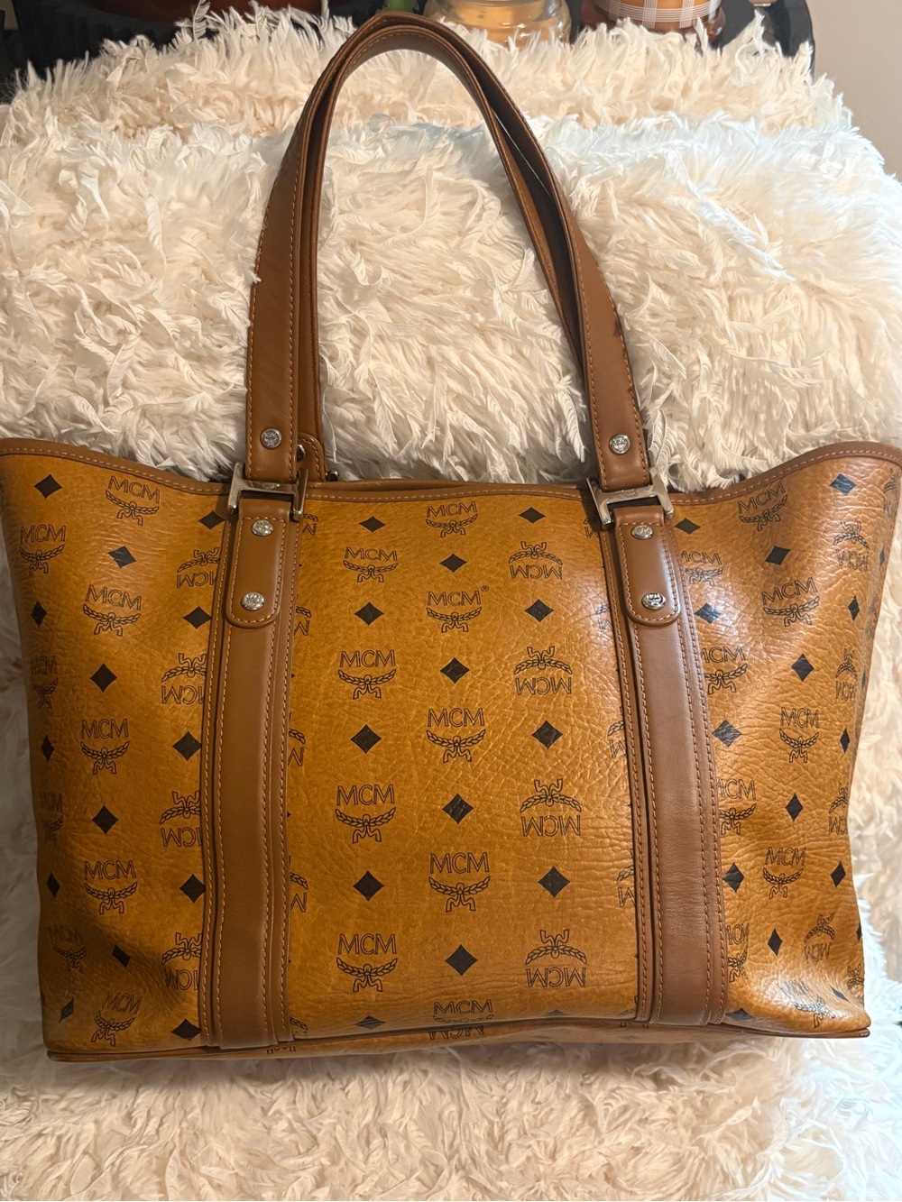 MCM Cognac Visetos Canvas Leather Trim Monogram Pattern Tote Bag - Picture 3 of 11